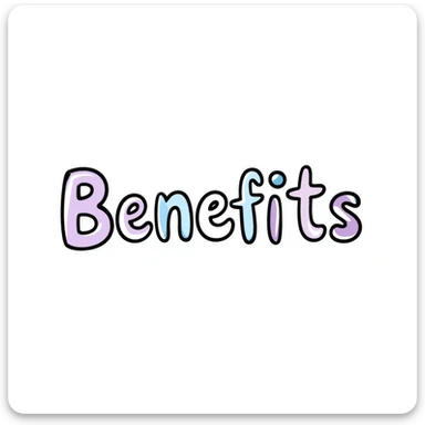 The word "Benefits" hand-drawn in white text with a few purple and blue color accents. Simple doodle style with clean design. sticker