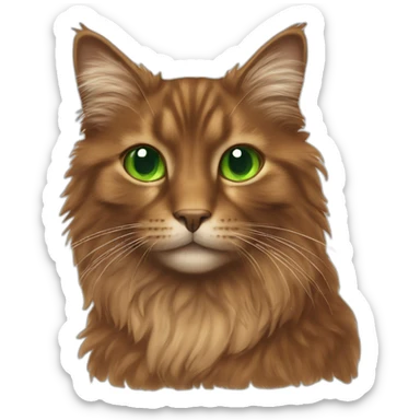 Brown fluffy cat with green eyes and and a sliver of orange fur at the top of her head sticker