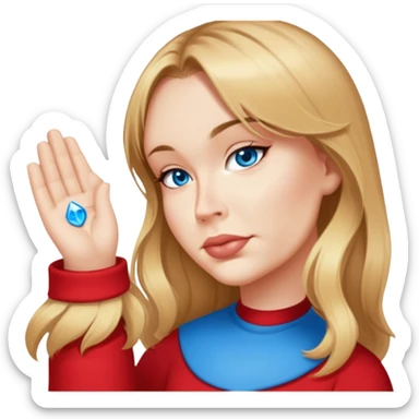 female, wearing red shirt, long mittle-blonde hair with volumnious curtan bangs sticker