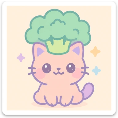 broccoli cat sitting with broccoli crown for hair, chubby cheeks, smiling, kawaii style sticker