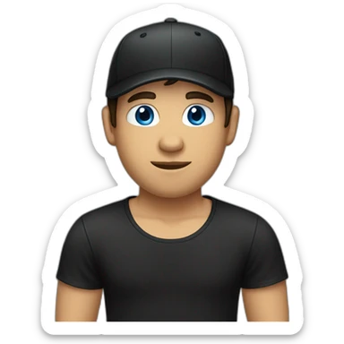 a guy with blue eyes, dark hair and bangs in backward black cap and in a black t-shirt sticker