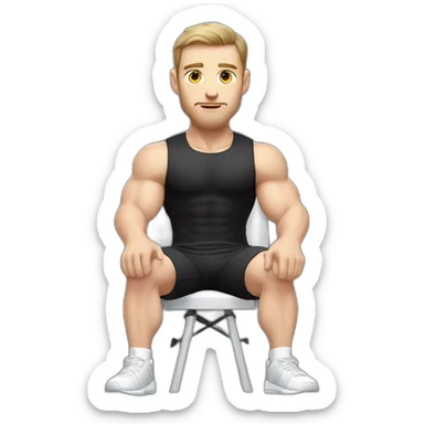 Pale skinned Fit Man With the biceps and dark brown hair in black shirt, gray sports shorts and white Sneakers Sitting on a chair sticker