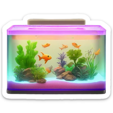 Rectangular fish tank, beige lid and wedgesk with plants inside  and glow tetra fish in neon colors  sticker