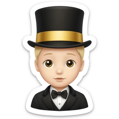 a baby face in a black top hat with a gold stripe sticker