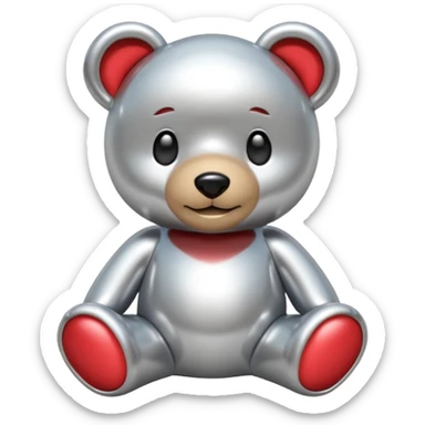 A cute teddy bear emoji made of liquid silver chrome, smooth rounded body, glossy metallic surface, soft reflections, friendly proportions, iOS emoji style, centered, clean white background sticker