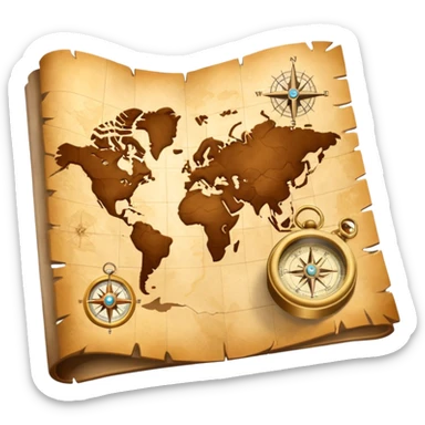 3D Brown golden map with Travel compass pointing to adventure sticker