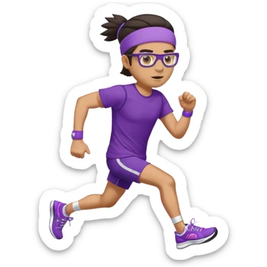 Running man in tight shorts and a purple t-shirt that says 'progressive run', with a headband, dark hair, running glasses, and stylish bright sneakers, emoji style, variation 4 sticker