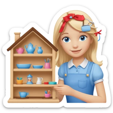 smiling girl arranging furniture in doll house sticker
