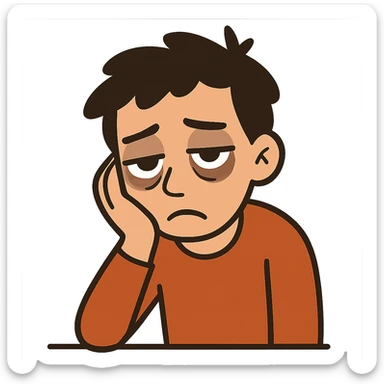 flat toon style of a person with dark circles under their eyes, head resting on hand, super tired sticker