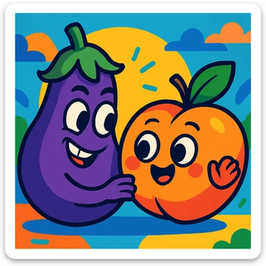 an eggplant and peach with playful interaction, cartoon style, vibrant colors sticker