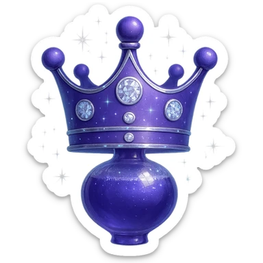 Transform the crown into a luxurious small elixir bottle while keeping the crown shape and color #7986cb. Add a seamless bottle-like bottom resembling a flask, making it look like a floating magical bottle. Include elegant silver and iridescent details with magical glowing and sparkling effects. The bottle should have a very small neck, transparent background, no base or shadow, modern style, matching a magical luxury collection. sticker