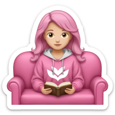 Una chica linda de cabello oscuro con ondas hasta los hombros de piel blanca con una sudadera rosa en un sofá cómodo y hermoso leyendo la biblia sticker