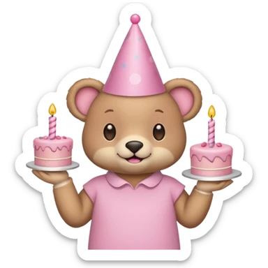 cute animal hold a pink birthday cake in both arms with pink birthday hat sticker
