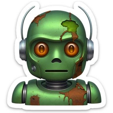make a tired old robot emoji, covered in green sludge, 2d sticker