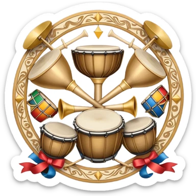 Create a heraldic, festive, and professional emblem-like emoji representing percussion instruments. The design should resemble a traditional crest, featuring a variety of percussion instruments such as cymbals, triangle, tambourine, maracas, timpani, bongo drums, and other traditional folk percussion instruments. Arrange them symmetrically, with cymbals crossing each other, the triangle at the center, and timpani or bongo drums flanking the sides. Include tambourines and maracas prominently, adding rhythm and texture. A flowing ribbon of musical notes should elegantly weave through the instruments, enhancing the sense of movement and celebration. Add intricate decorative patterns on the instruments, along with ornamental swirls, laurels, or flourishes to elevate the festive and heraldic feel. The overall composition should be balanced, harmonious, and visually striking, with an elegant and professional look. The background should be transparent. sticker