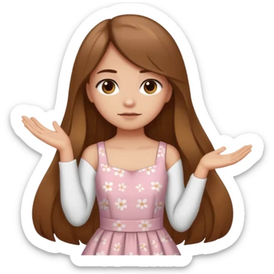 fake costumer loyalty, girl that doesn't care, she is like whatever, brown long hair, cute dres and her hand showing like i dont care whateve sticker