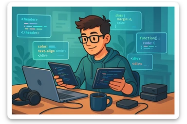 A coder at a desk, using a laptop and referencing a tablet, surrounded by code snippets and tech gadgets. sticker