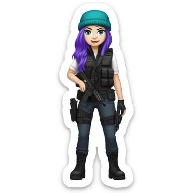 Girl, white skin, tactical vest, dark pants, long teal hair, blue eyes, purple beanie hat, gun, black combat boots sticker