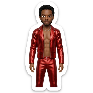 Bobby Brown with black hair, red metallic jacket, red metallic baggy pants, shirtless with necklace sticker