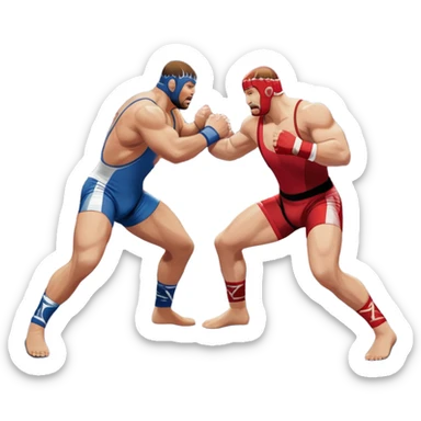 An icon depicting two wrestlers in a grappling stance on the mat, engaged in a fierce combat. One fighter attempts a takedown, while the other resists. The background shows a wrestling arena with bright lights and spectators around the edge of the ring. Transparent background  sticker
