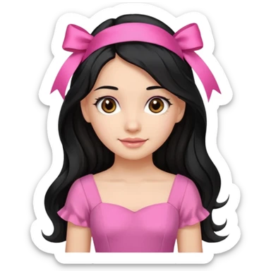 Beautiful girl with long black hair in a half-up half-down hairstyle with pink ribbon tying the top half, waves at the ends, brown eyes, light skin, slight smile, and pink dress sticker