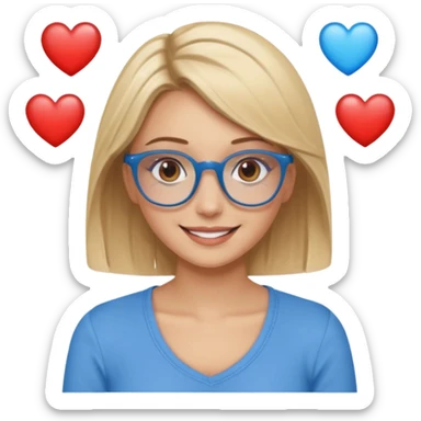 Asthectic pretty Blonde women brown eyes, blue glasses, wearing a brown top and smiling with hearts around her. sticker