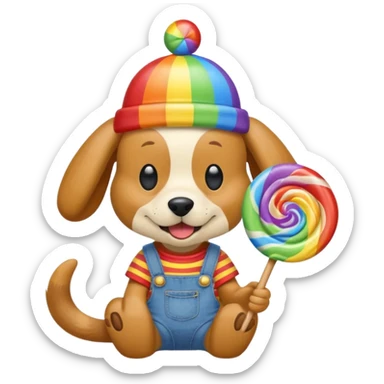 Generate a emoji of a dog with a comically large rainbow swirly lollipop with a goofy silly propeller hat, make the dog wear a striped bright yellow, red, and blue shirt with jean overalls sticker