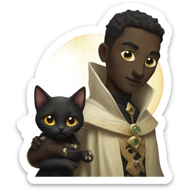 A pale sun warlock who is holding a black kitten sticker