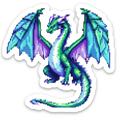 mysterious dragon with a long tail, large wings, and a magical aura, in green, blue, and purple sticker