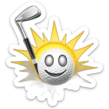 Happy Golf Emoji  Description A golf ball with a big smiley face, teeing off with a golf club. The sun is shining in the background. sticker