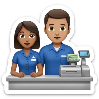 Supermarket employee at a cash register, full body, serving a man surprised sticker