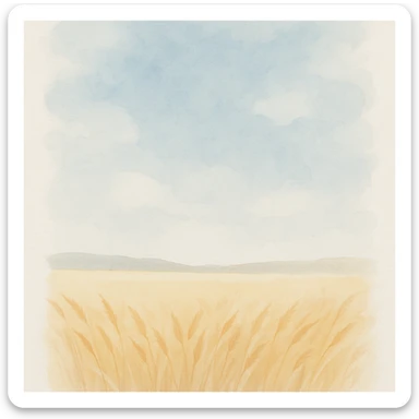 golden wheat field with blue sky above, painterly style sticker