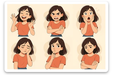 a pale, brunette girl acting, in a variety of expressive poses, modern illustration style sticker