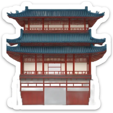 the facade of a large Chinese-style building with a blue roof and red wooden structures sticker