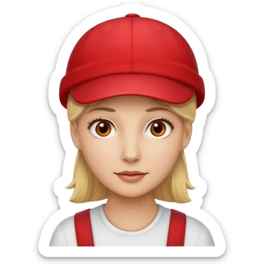 A blonde woman with light brown eyes with white skin and wearing a red cap sticker