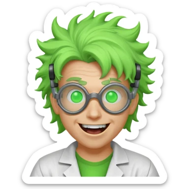 mad nuclear scientist portrait, head and shoulders only, messy hair, cracked goggles, glowing radioactive green light, excited crazy smile, 3D cartoon, mobile game icon style, clean background, no text, no watermark
 sticker