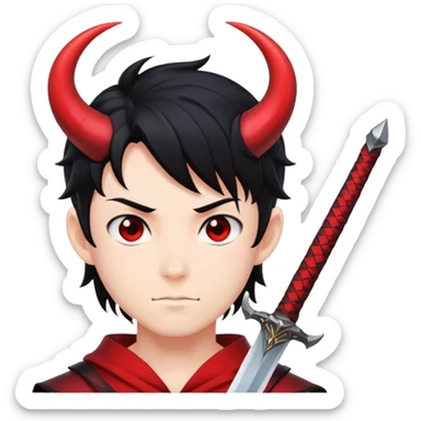 Anime devil boy with black hair, horns, and a sword sticker