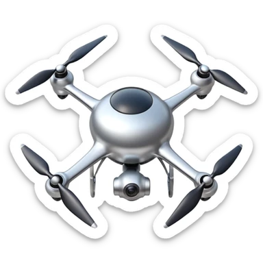 A futuristic drone emoji made of polished silver chrome, smooth rounded body, minimal propellers, reflective metallic surface, soft studio lighting, iOS emoji style, centered, clean white background sticker