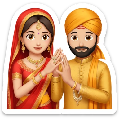 Two hands in a engagement..One hand of groom and one hand of bride. Bride hand - red/yellow saree. groom- light orange punjabi (oonly hands will be visible in the image). Groom's hand is holding a ring sticker