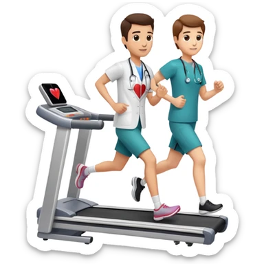 patient running on a treadmill, heart monitor display, and a doctor nearby sticker