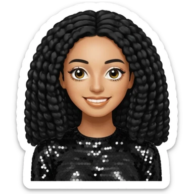 Solange with long black hair, black sequin outfit sticker