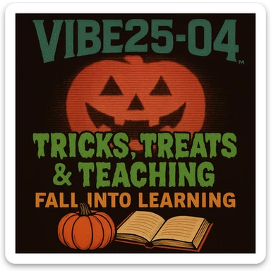 Create a logo that encompasses a retro 80's feel, nostalgic, ALSO RETRO.  Add the words "VIBE25-04: Tricks, Treats & Teaching: Fall Into Learning" sticker
