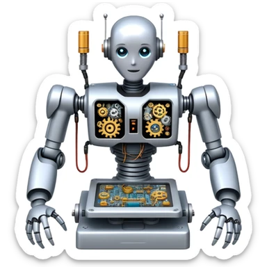 An icon featuring a humanoid robot assembling parts with robotic arms, surrounded by gears, circuit boards, and sensors, symbolizing robotics. The design includes a control panel and AI interface, representing automation, engineering, and innovation. Transparent background. sticker