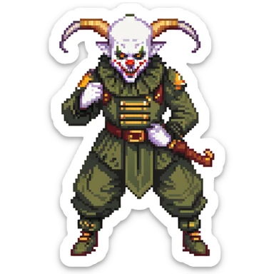 evil clown soldier, bald, short goat horns on forehead, fangs, pointed ears, black and military green clothes, fighting stance sticker