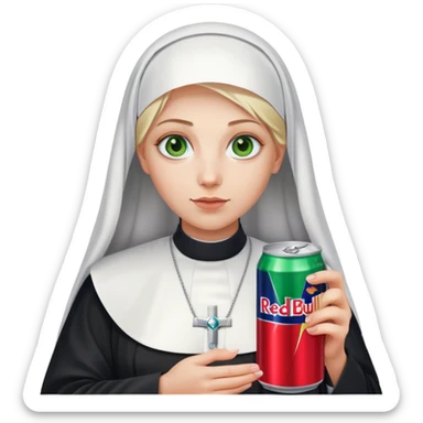Blonde nun with green eyes holding a can of Red Bull. sticker