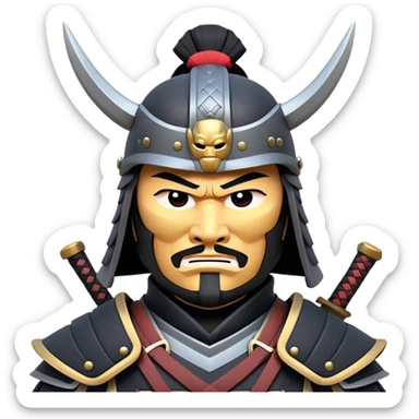 clash-of-clans-aesthetic_-cinematic-fearsome-and-majestic-samurai-bust-portrait-emoji, rendered in a flat, vector-style with minimal shading and bold, simplified shapes typical of emoji art, depicting a battle-hardened samurai with black mask and traditional black Japanese armor. The samurai is riding a noble grey warhorse adorned with an intricately designed saddle and fluttering banners and a rising sun. a samurai on a   horse sticker