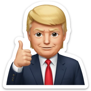 Donald Trump smiling in a suit with his thumbs down sticker