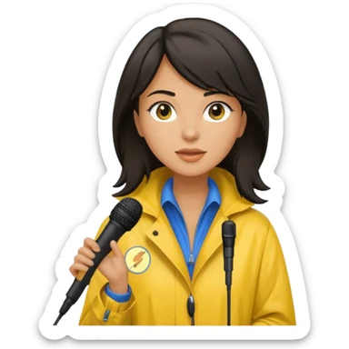 dark haired woman with rain coat and microphone sticker