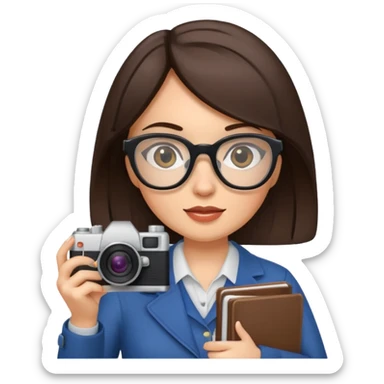 journalist brunette woman with glasses holding camera and notebook sticker