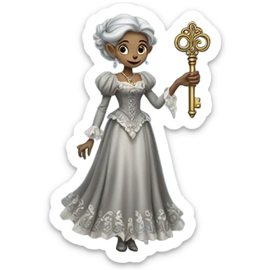 gray elf woman login holding a big key in victorian dress, full body sticker